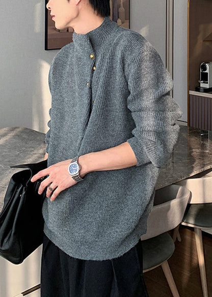 Pull en tricot uni à boutons gris ample pour homme, printemps TK012
