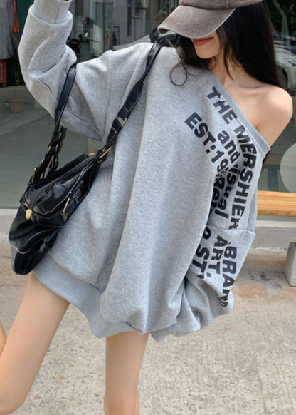 Grey Spring Print Shoulder Cotton Cold Sweatshirt Letter Loose
