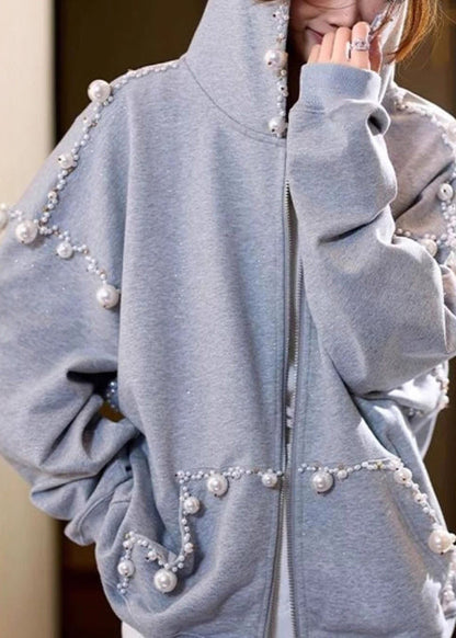 Lose Grau Kapuze Perle Taschen Baumwolle Mäntel Frühling TD029