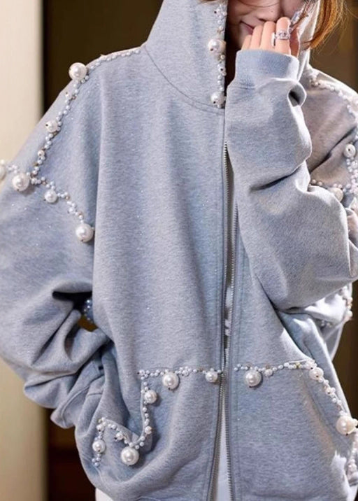 Lose Grau Kapuze Perle Taschen Baumwolle Mäntel Frühling TD029