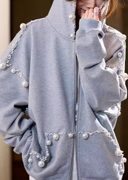 Lose Grau Kapuze Perle Taschen Baumwolle Mäntel Frühling TD029