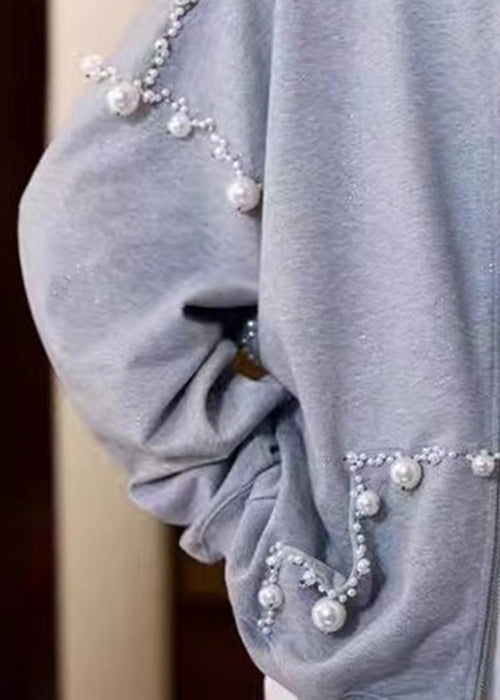 Lose Grau Kapuze Perle Taschen Baumwolle Mäntel Frühling TD029