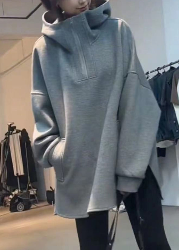 Loose Spring Zippered Hooded Cotton Sweatshirts Grey