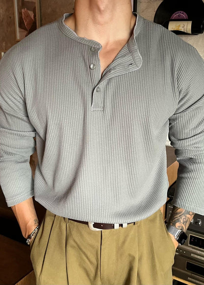 Chemises à boutons T-shirt à col en V pour hommes, couleur unie, amples, en coton, gris