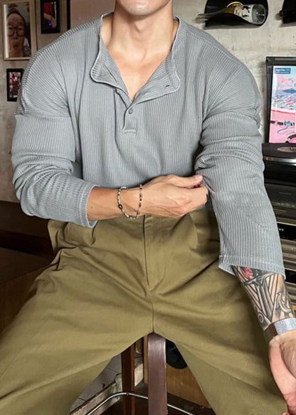 Chemises à boutons T-shirt à col en V pour hommes, couleur unie, amples, en coton, gris