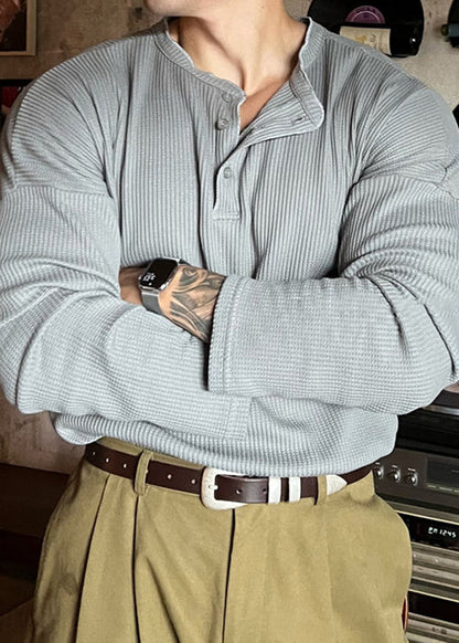 Chemises à boutons T-shirt à col en V pour hommes, couleur unie, amples, en coton, gris