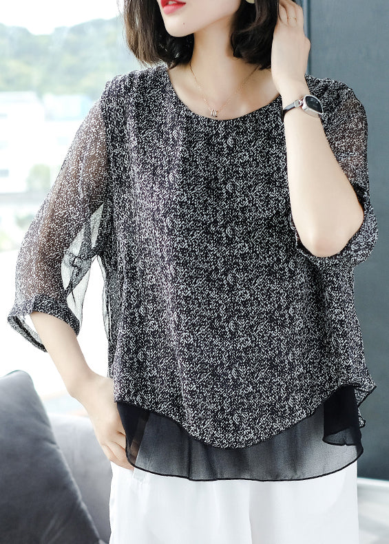 Loose Grey O Neck Chiffon Patchwork Top Bracelet Sleeve Ada Fashion