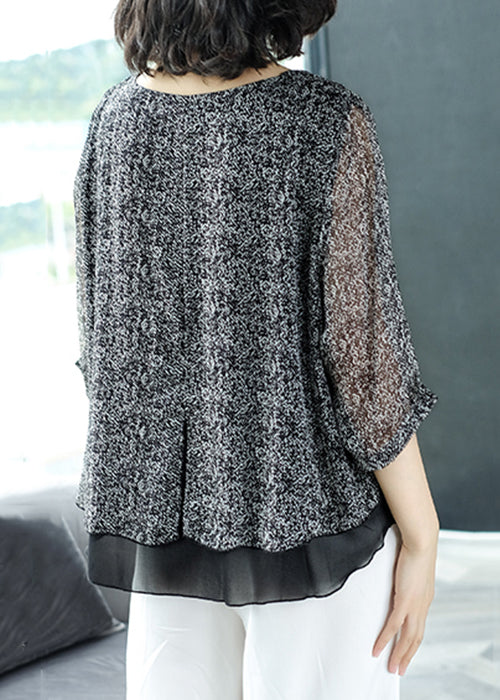 Loose Grey O Neck Chiffon Patchwork Top Bracelet Sleeve Ada Fashion