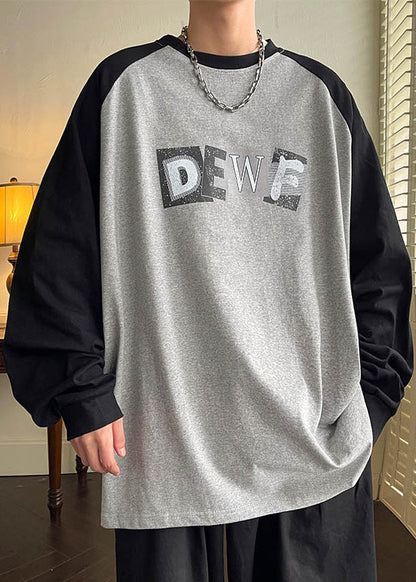 Hemd Frühling Herren Hals Lose T Baumwolle Patchwork Print Grau O