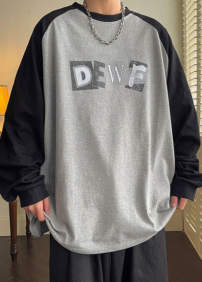 Hemd Frühling Herren Hals Lose T Baumwolle Patchwork Print Grau O