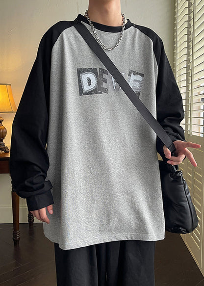 Hemd Frühling Herren Hals Lose T Baumwolle Patchwork Print Grau O