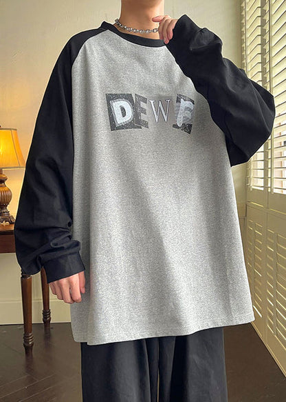 Hemd Frühling Herren Hals Lose T Baumwolle Patchwork Print Grau O