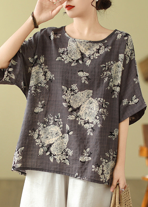Short Loose T Shirt Print O-Neck Sleeve Grey