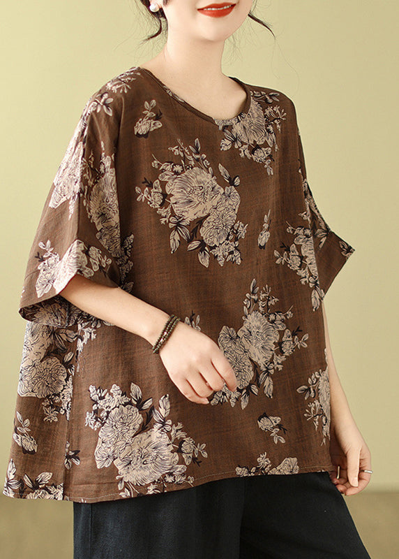 Short Loose T Shirt Print O-Neck Sleeve Grey