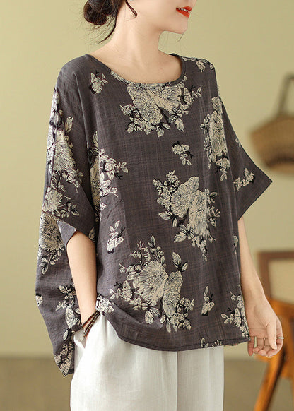 Short Loose T Shirt Print O-Neck Sleeve Grey