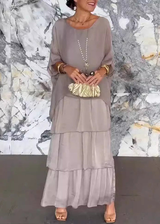 Loose Grey O Neck Solid Chiffon Long Dress Half Sleeve BB039