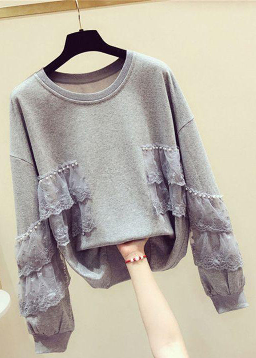 Lose graue Perlenspitze Patchwork Baumwolle Streetwear Frühling TD031