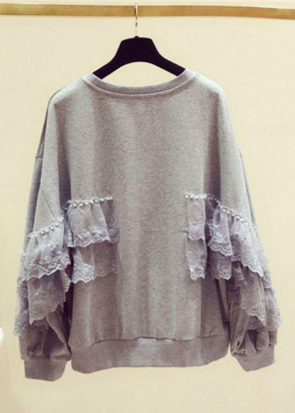 Lose graue Perlenspitze Patchwork Baumwolle Streetwear Frühling TD031