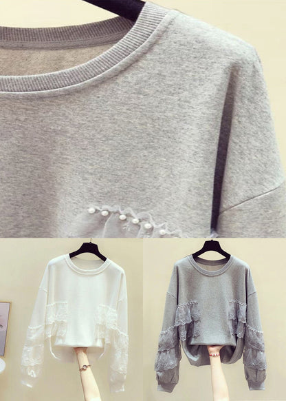 Lose graue Perlenspitze Patchwork Baumwolle Streetwear Frühling TD031