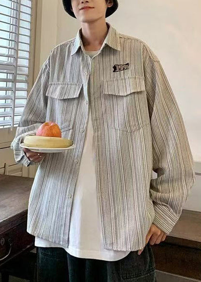 Men Loose Spring Pockets Grey Shirt Button Striped Cotton