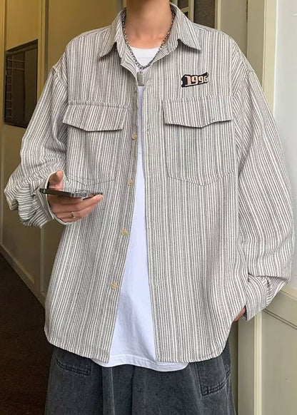 Men Loose Spring Pockets Grey Shirt Button Striped Cotton