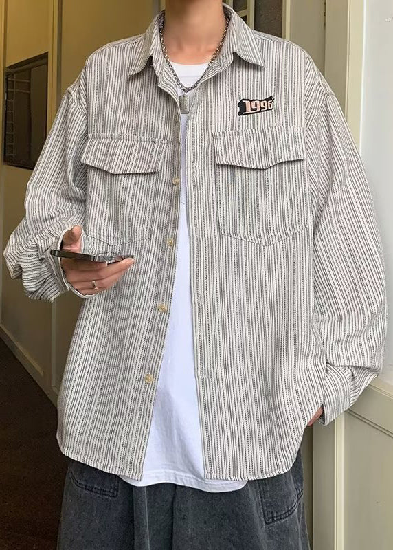 Chemises amples en coton à rayures grises pour hommes, poches, printemps