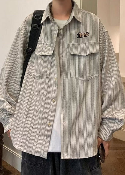 Chemises amples en coton à rayures grises pour hommes, poches, printemps