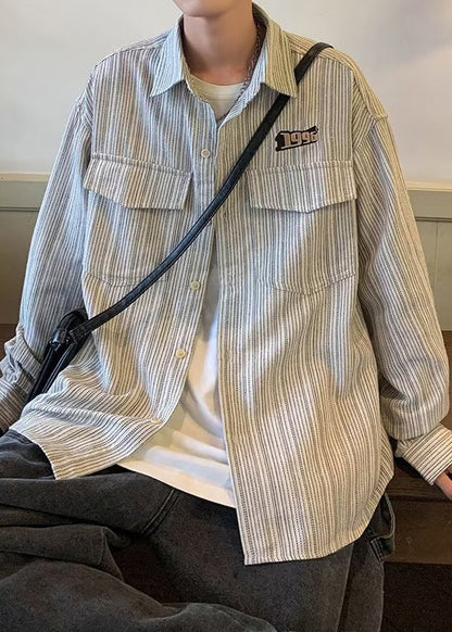 Chemises amples en coton à rayures grises pour hommes, poches, printemps