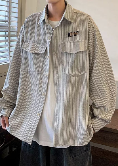 Chemises amples en coton à rayures grises pour hommes, poches, printemps