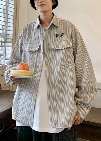 Chemises amples en coton à rayures grises pour hommes, poches, printemps