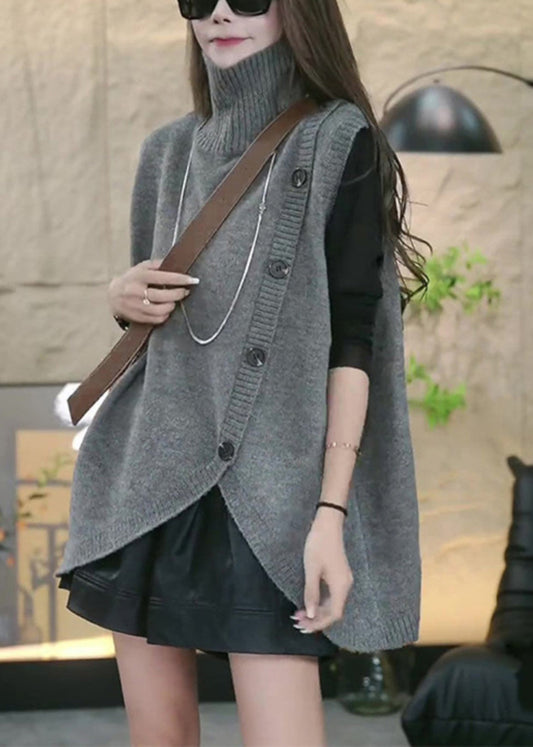 Lockere graue Rollkragenweste mit asymmetrischem Strickmuster, ärmellos, TY005