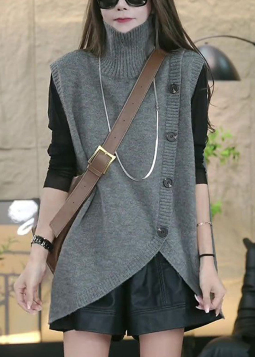 Lockere graue Rollkragenweste mit asymmetrischem Strickmuster, ärmellos, TY005