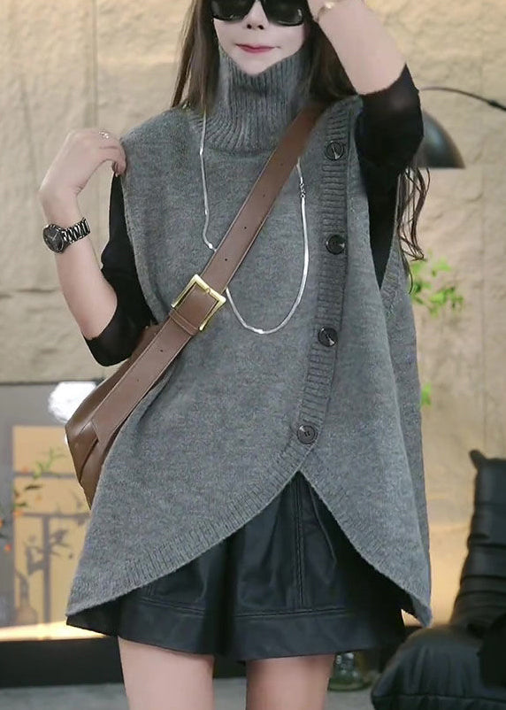 Lockere graue Rollkragenweste mit asymmetrischem Strickmuster, ärmellos, TY005
