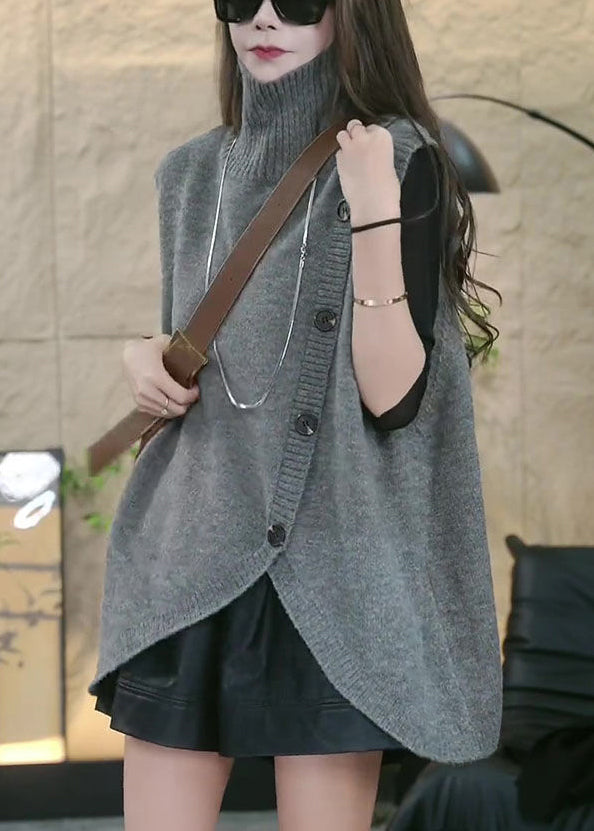 Lockere graue Rollkragenweste mit asymmetrischem Strickmuster, ärmellos, TY005