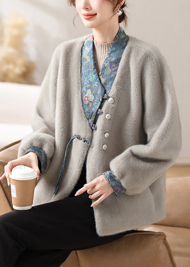 Lose Grau V-Ausschnitt Knopf Patchwork Nerz Samt Mäntel Winter RC015