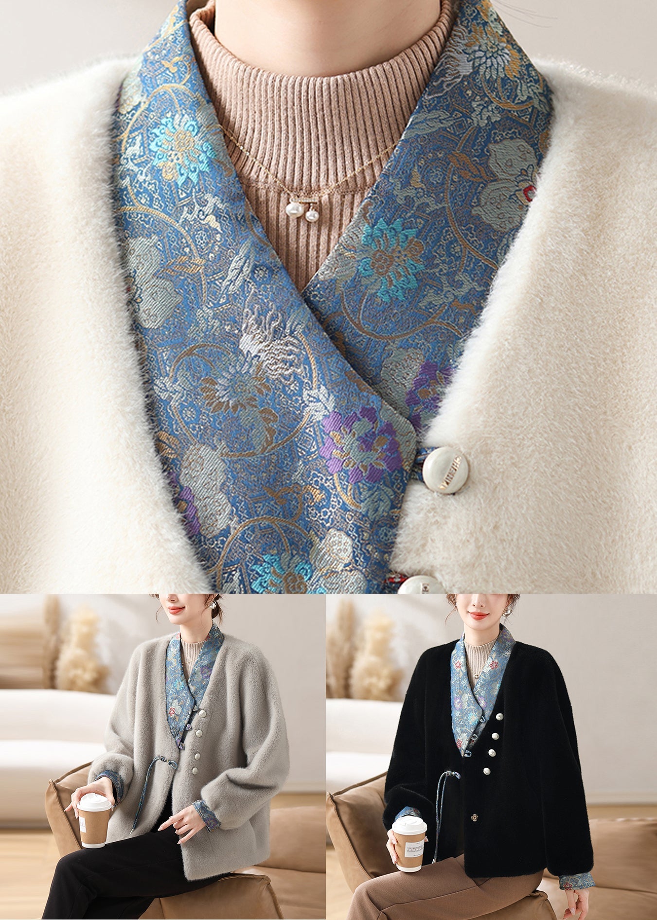 Lose Grau V-Ausschnitt Knopf Patchwork Nerz Samt Mäntel Winter RC015