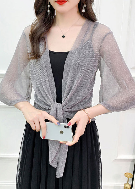 Loose Grey V Neck Lace Up Tulle Cardigans Half Sleeve AS1018 Ada Fashion