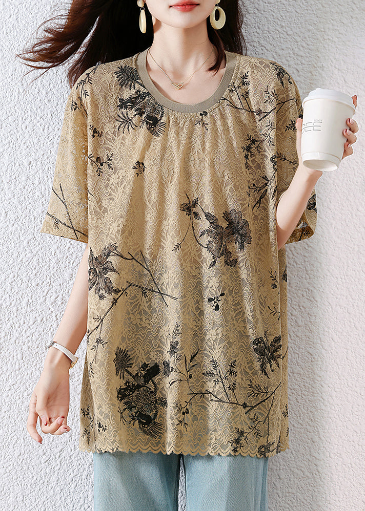 Print Neck Khaki Loose Summer O T Lace Shirt