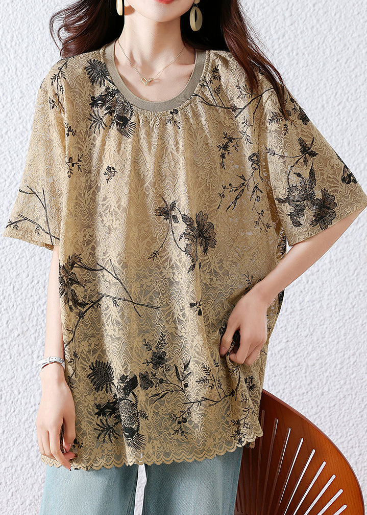 Print Neck Khaki Loose Summer O T Lace Shirt