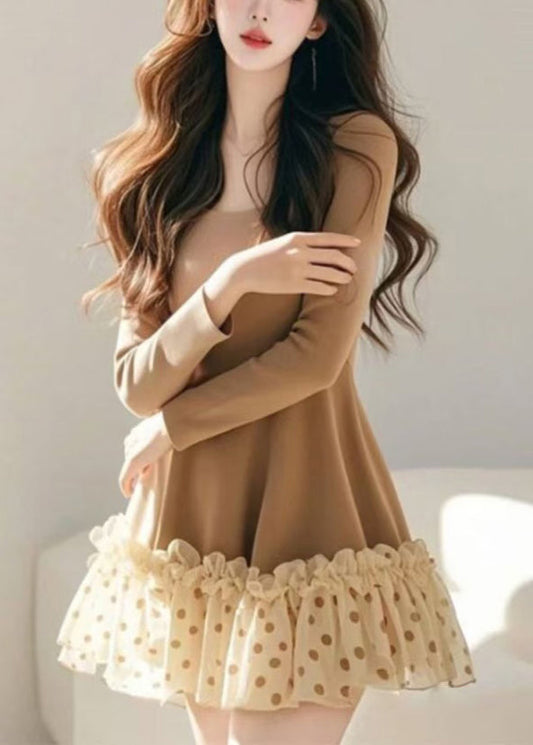 Khaki Rüschen Frühling Kleid Dot Tüll Mid Lose Patchwork