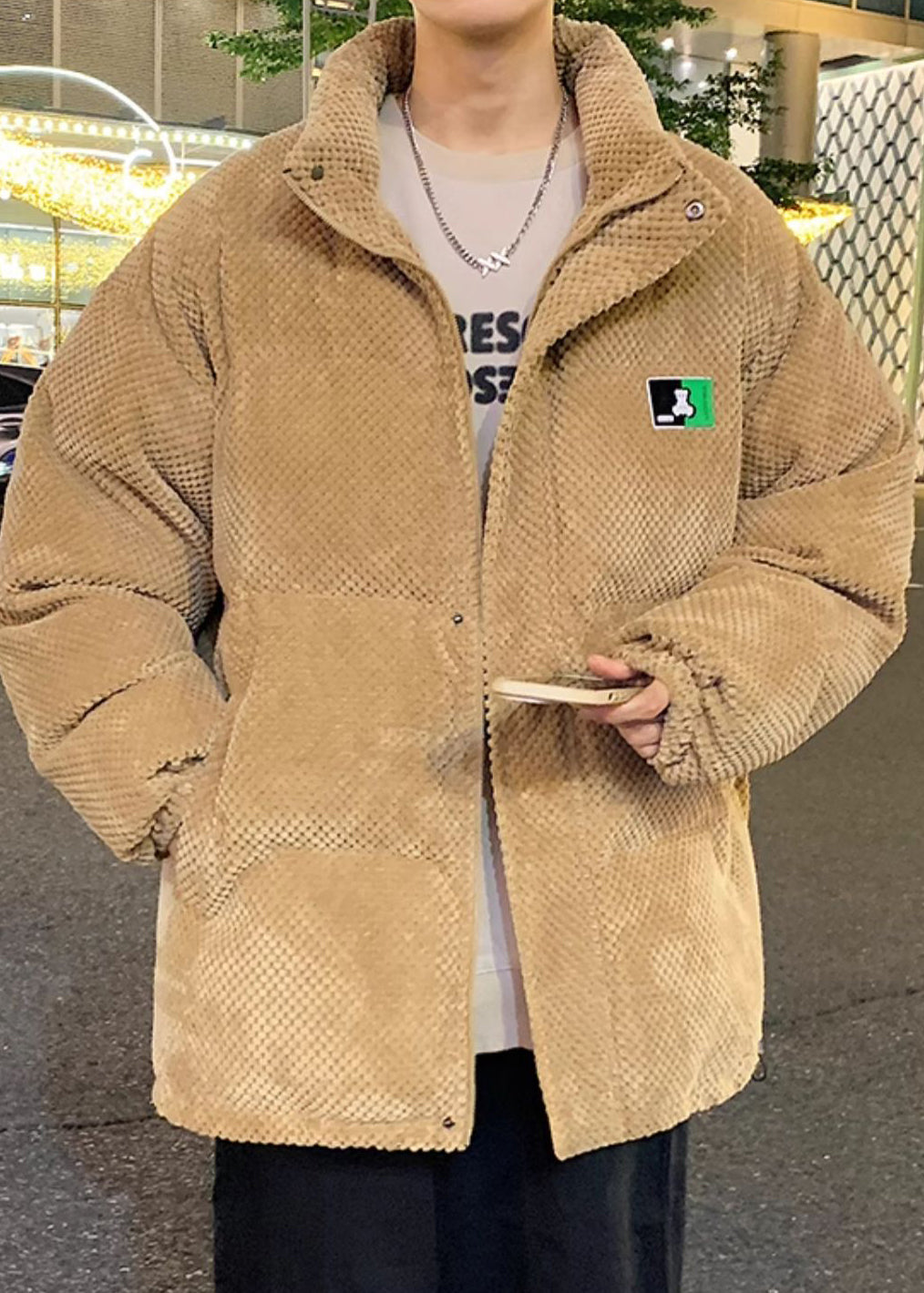 Lose Khaki Stehkragen Zip Up Taschen Männer Parka Winter RM010