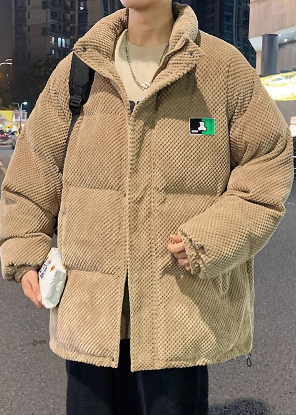 Lose Khaki Stehkragen Zip Up Taschen Männer Parka Winter RM010