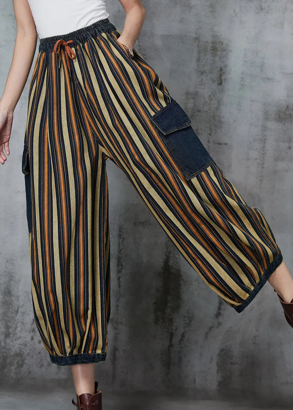 Loose Khaki Striped Patchwork Pockets Denim Pants Spring Ada Fashion