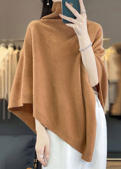 Pull cape ample en laine unie à col roulé kaki, printemps TF023