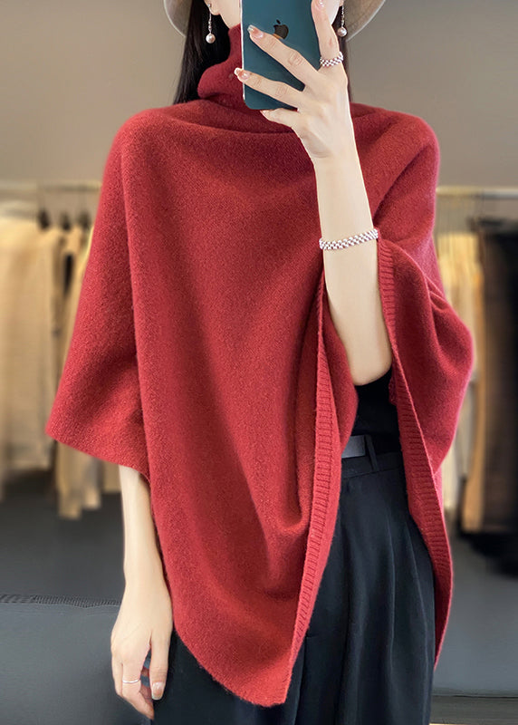 Pull cape ample en laine unie à col roulé kaki, printemps TF023