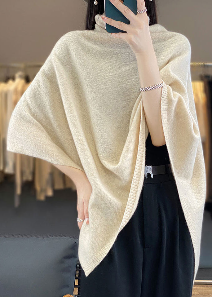 Pull cape ample en laine unie à col roulé kaki, printemps TF023