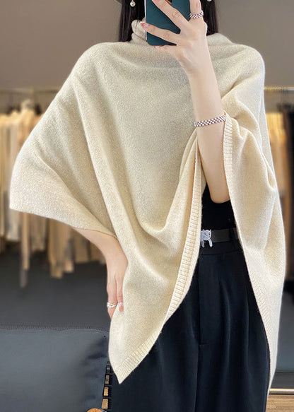 Pull cape ample en laine unie à col roulé kaki, printemps TF023
