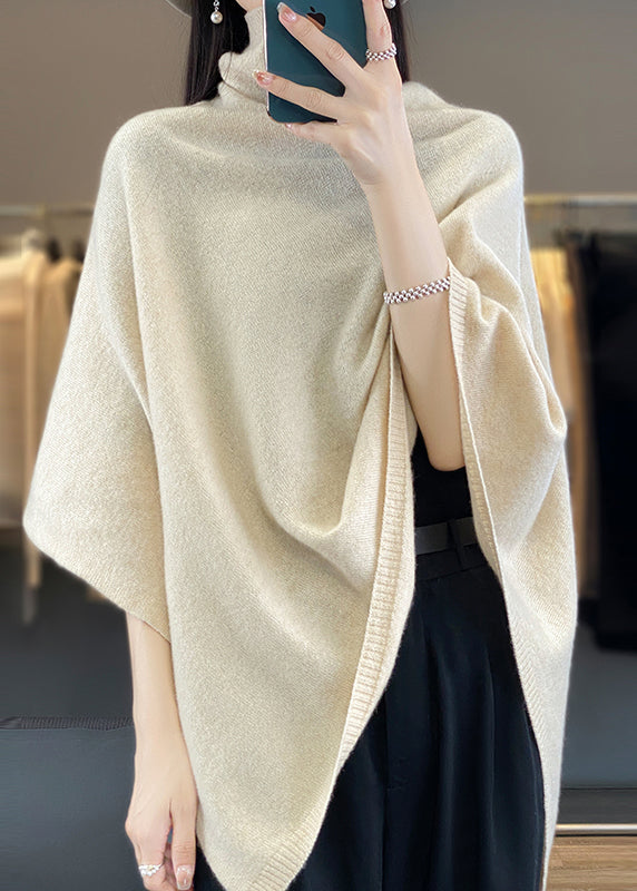 Pull cape ample en laine unie à col roulé kaki, printemps TF023