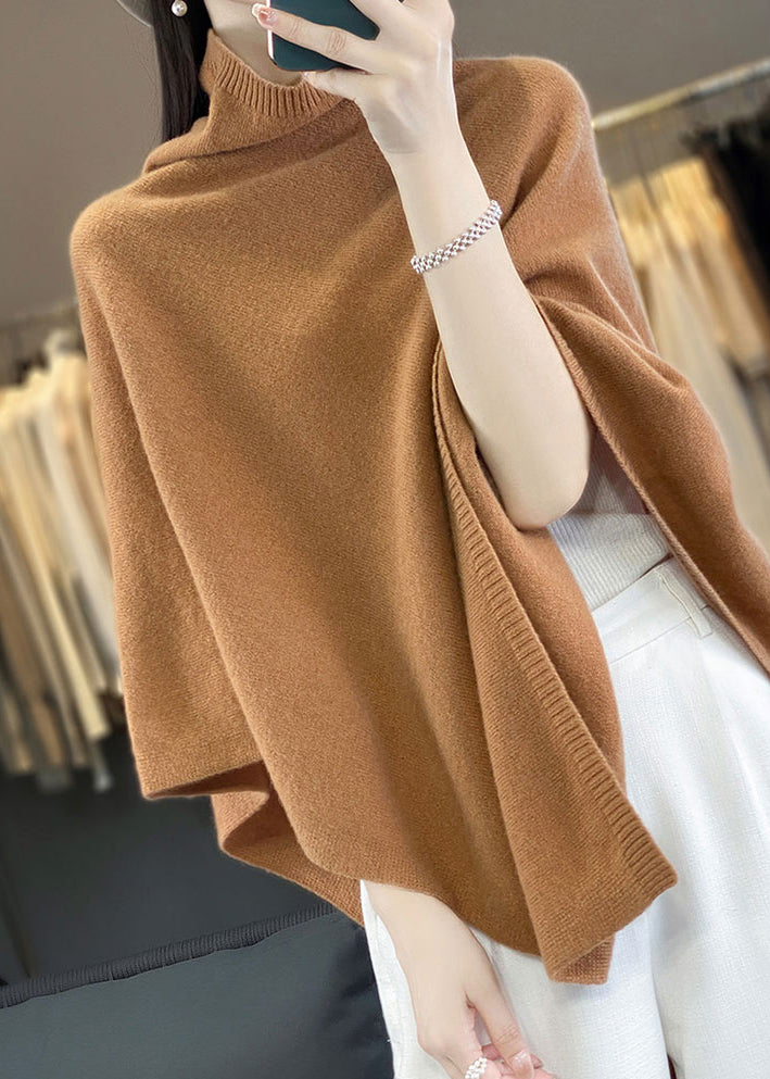 Pull cape ample en laine unie à col roulé kaki, printemps TF023
