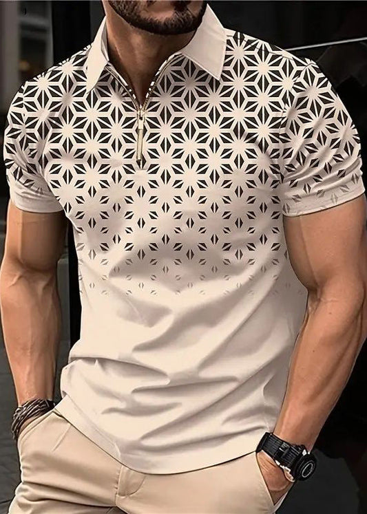 Cotton Up Zip Polo Print Shirts Loose Mens Khaki Summer
